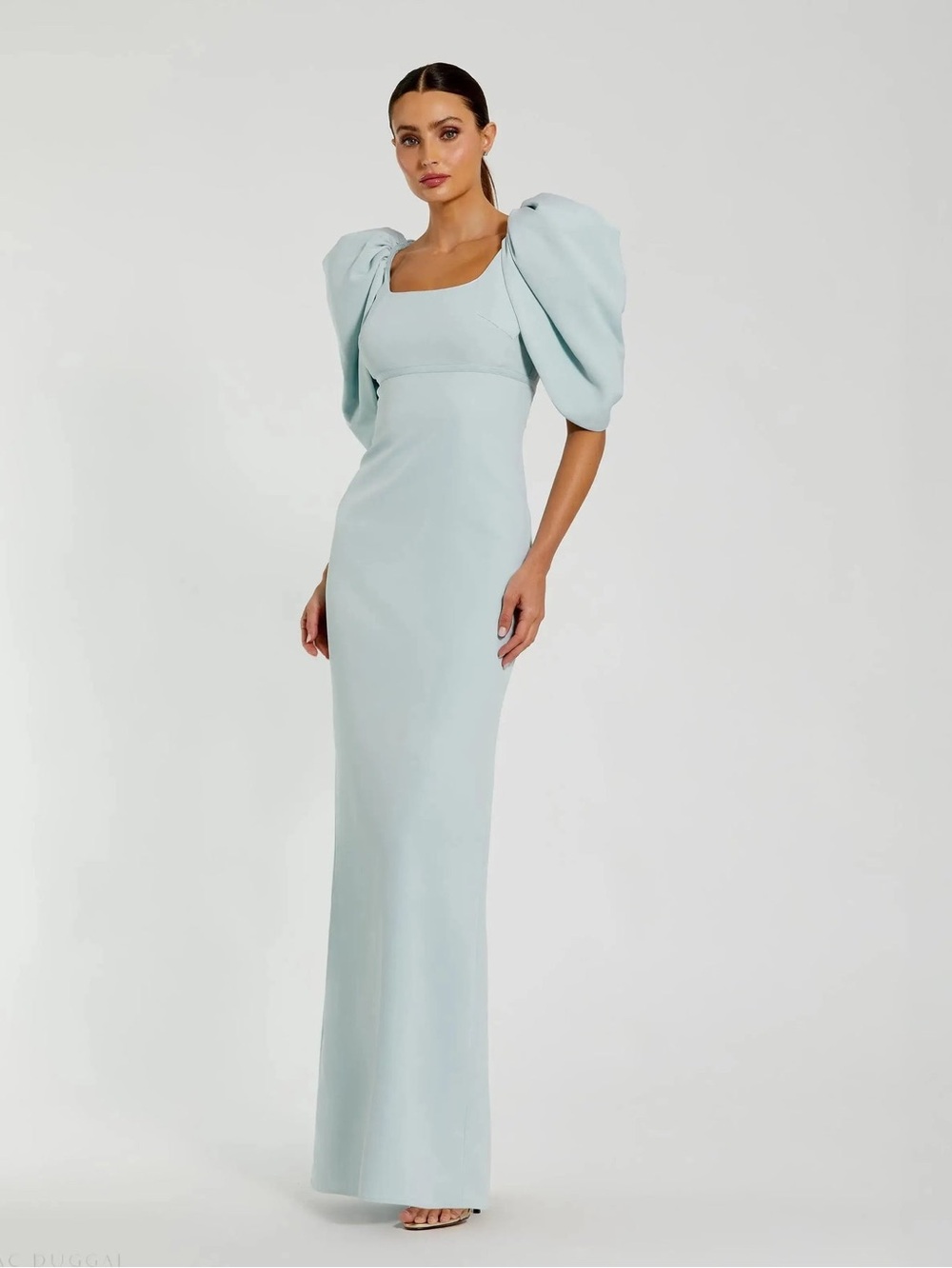 MAC DUGGAL Size 8 Blue Fitted Crepe Square Neck Gown Dress With Puff Sleeves